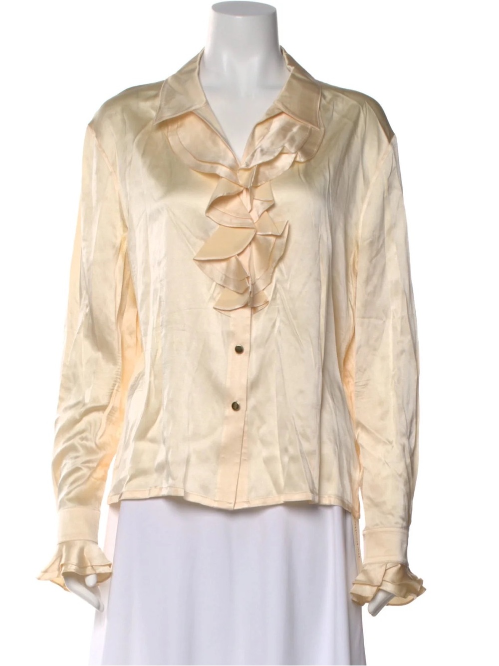 St. John Cream Ruffle-Front Satin Dress Shirt